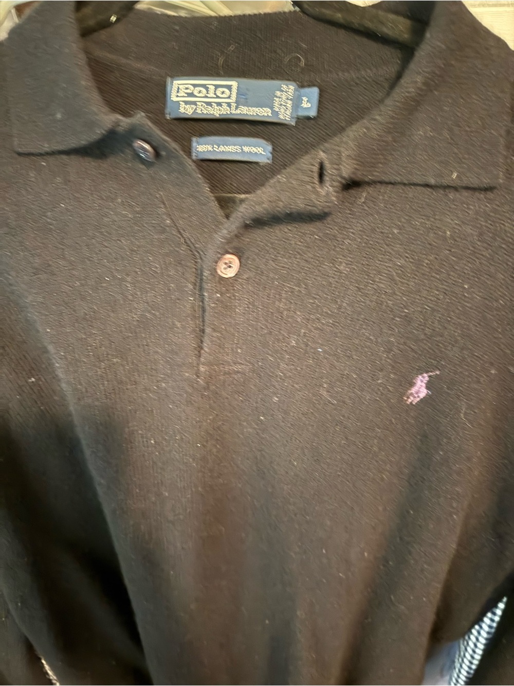 Polo by Ralph Lauren Black Wool Polo with Pink Pony Embroidery